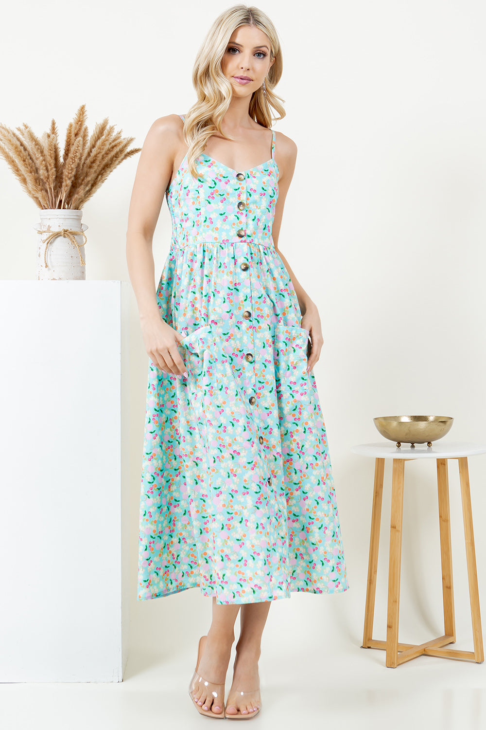 Pastel Color Floral & Cherry Print Cami Cotton Dress