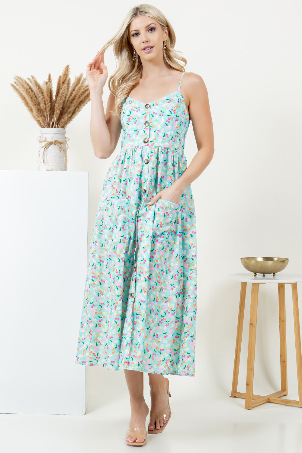 Pastel Color Floral & Cherry Print Cami Cotton Dress