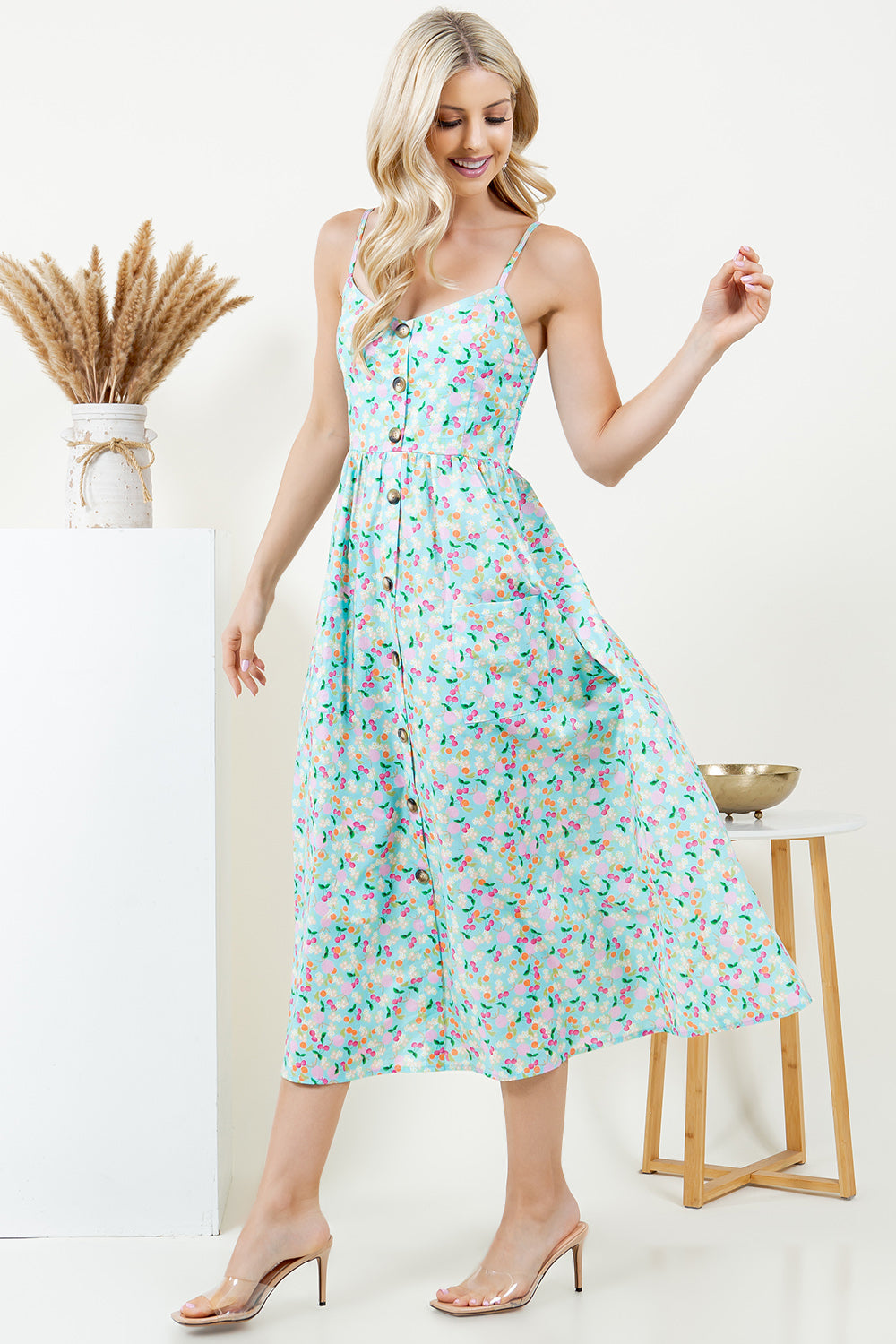 Pastel Color Floral & Cherry Print Cami Cotton Dress