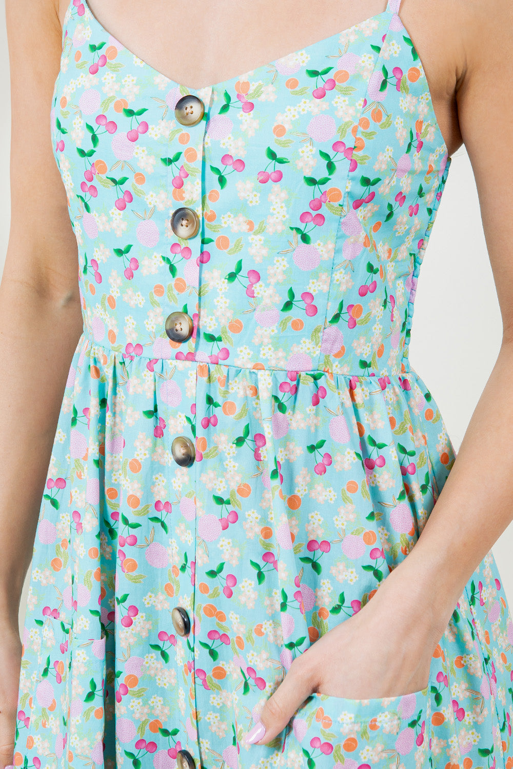 Pastel Color Floral & Cherry Print Cami Cotton Dress