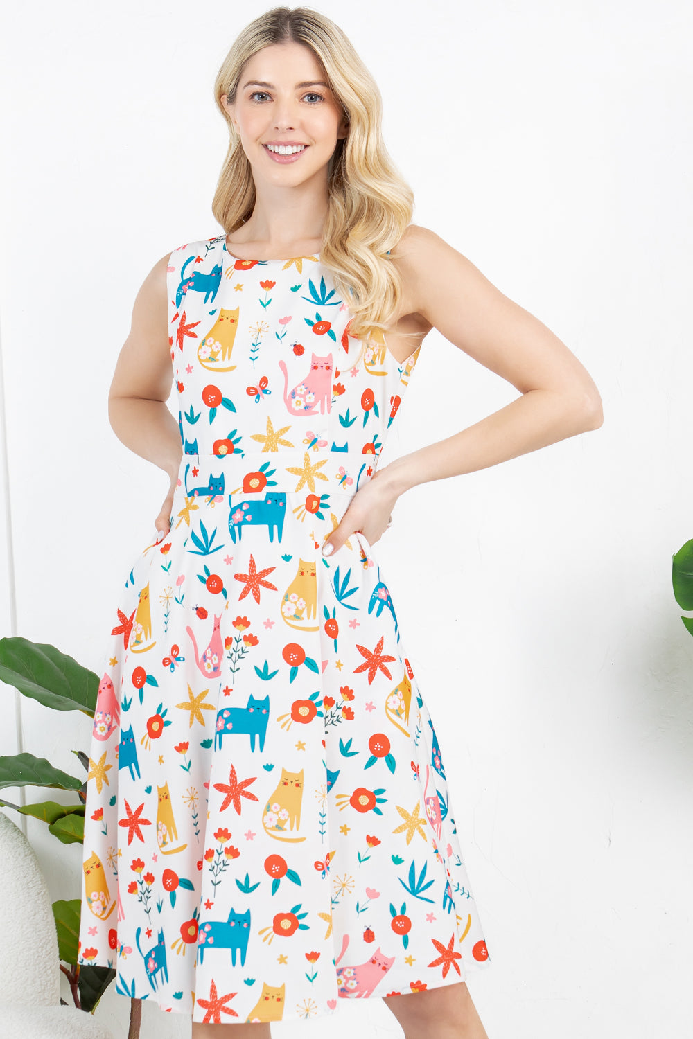 Cat with Floral Print Dress