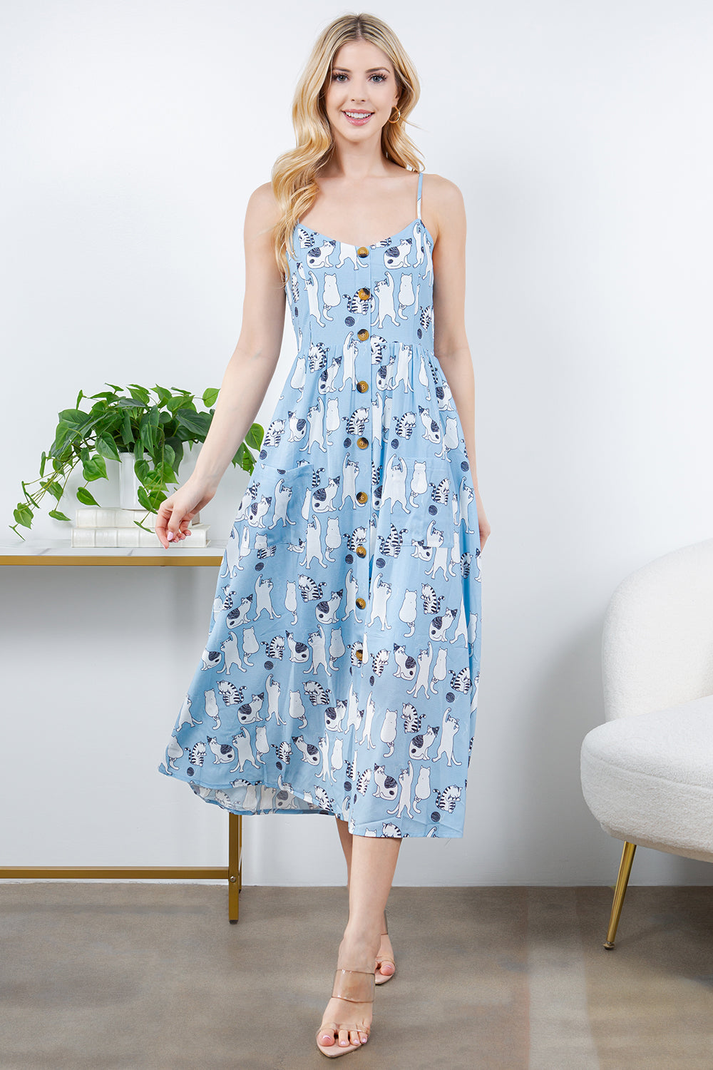 Dancing Cat Maxi Dress with Spaghetti Strap Dress