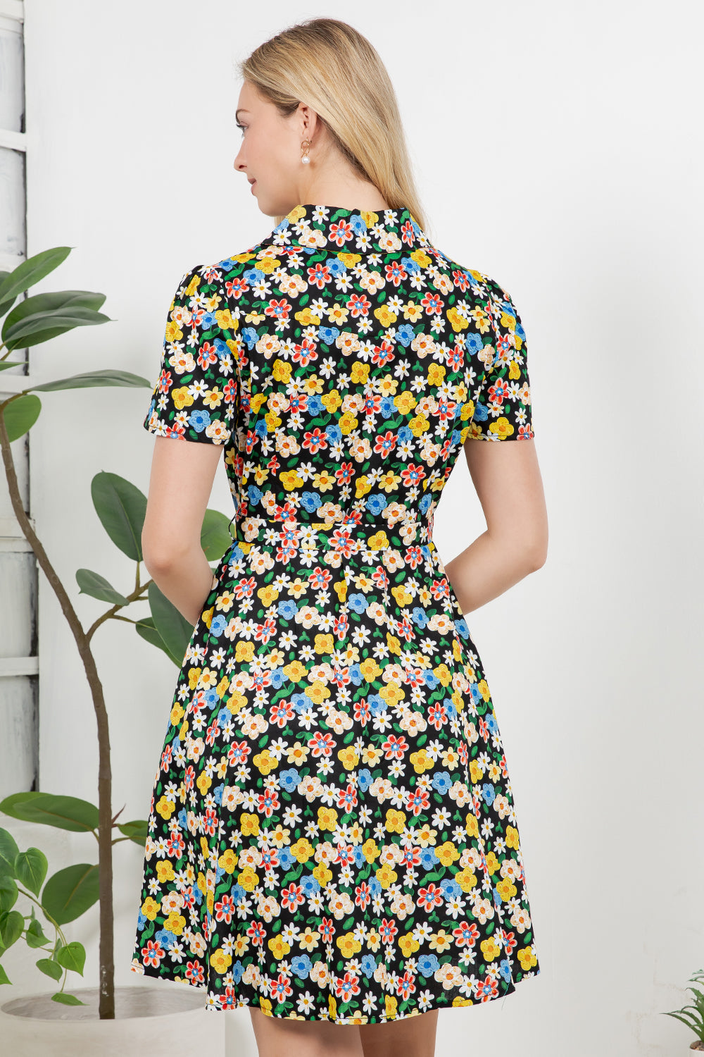 Colorful Floral Print Retro Shirt Dress
