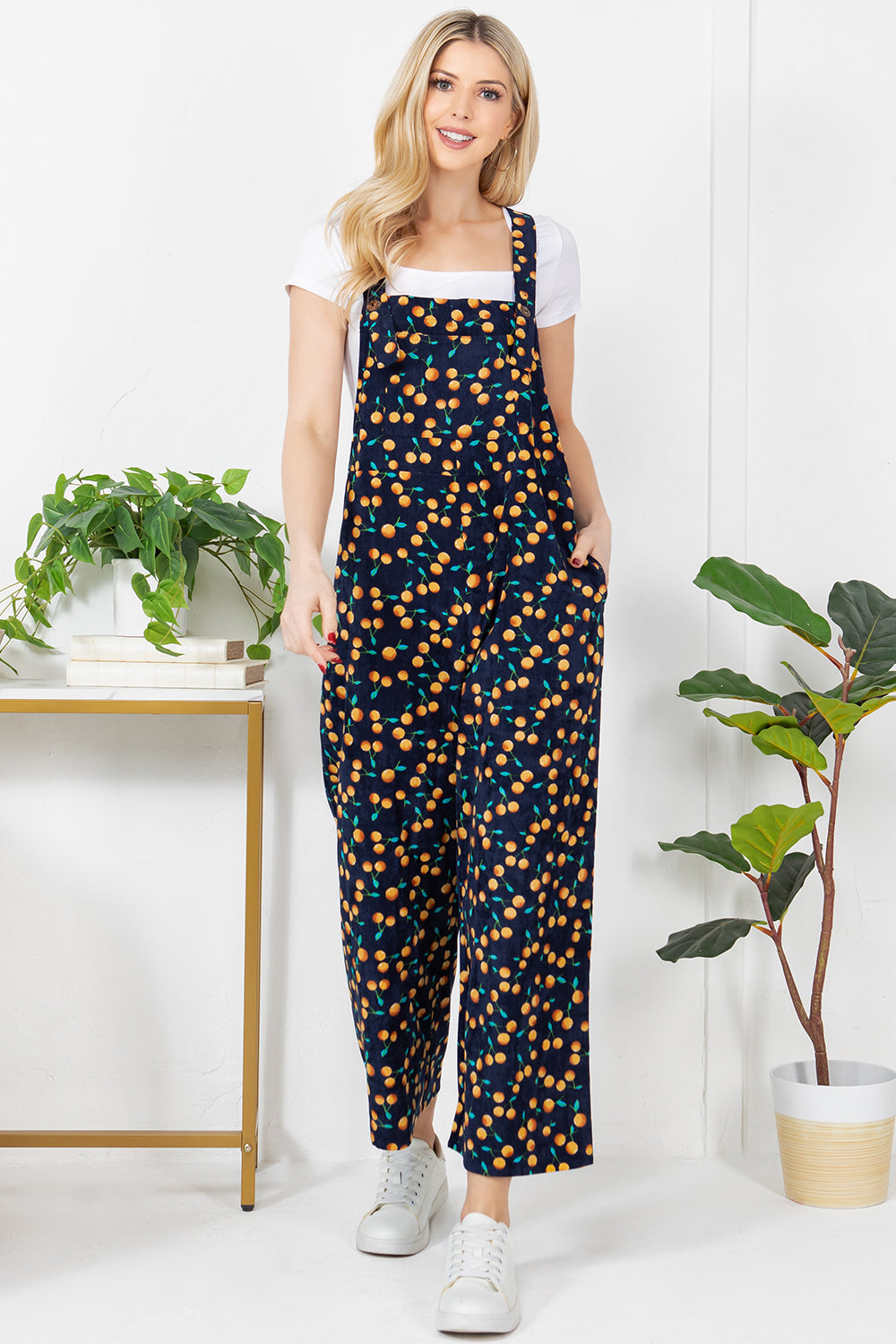 Allover Orange Print Corduroy Overall - Navy