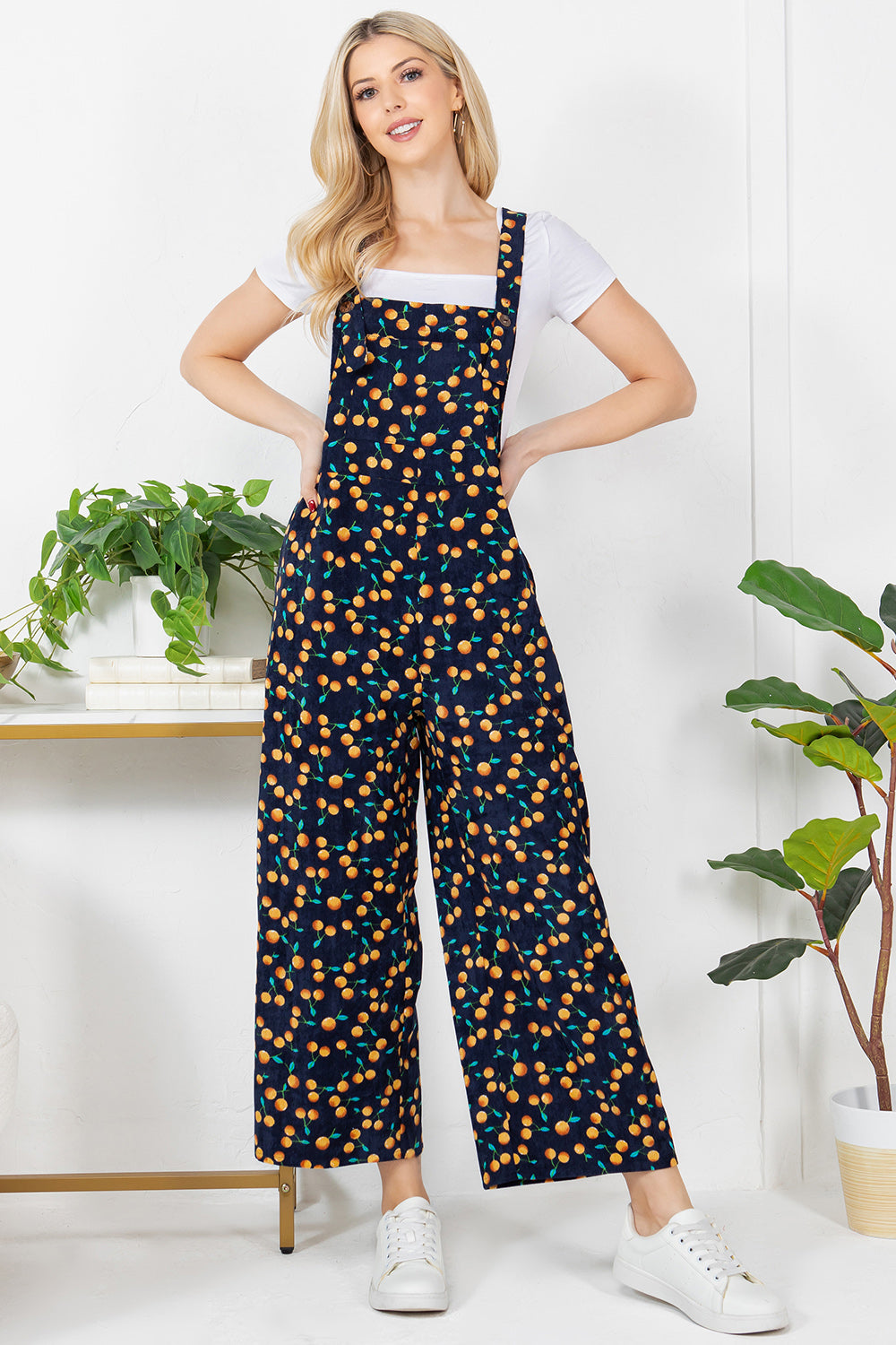 Allover Orange Print Corduroy Overall - Navy