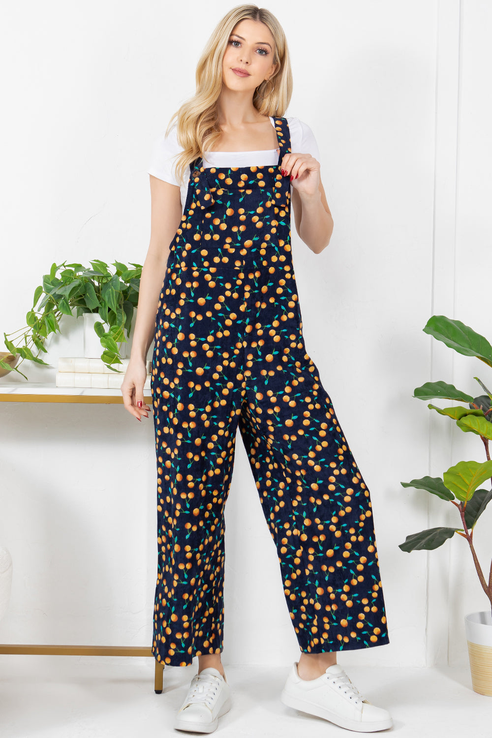 Allover Orange Print Corduroy Overall - Navy