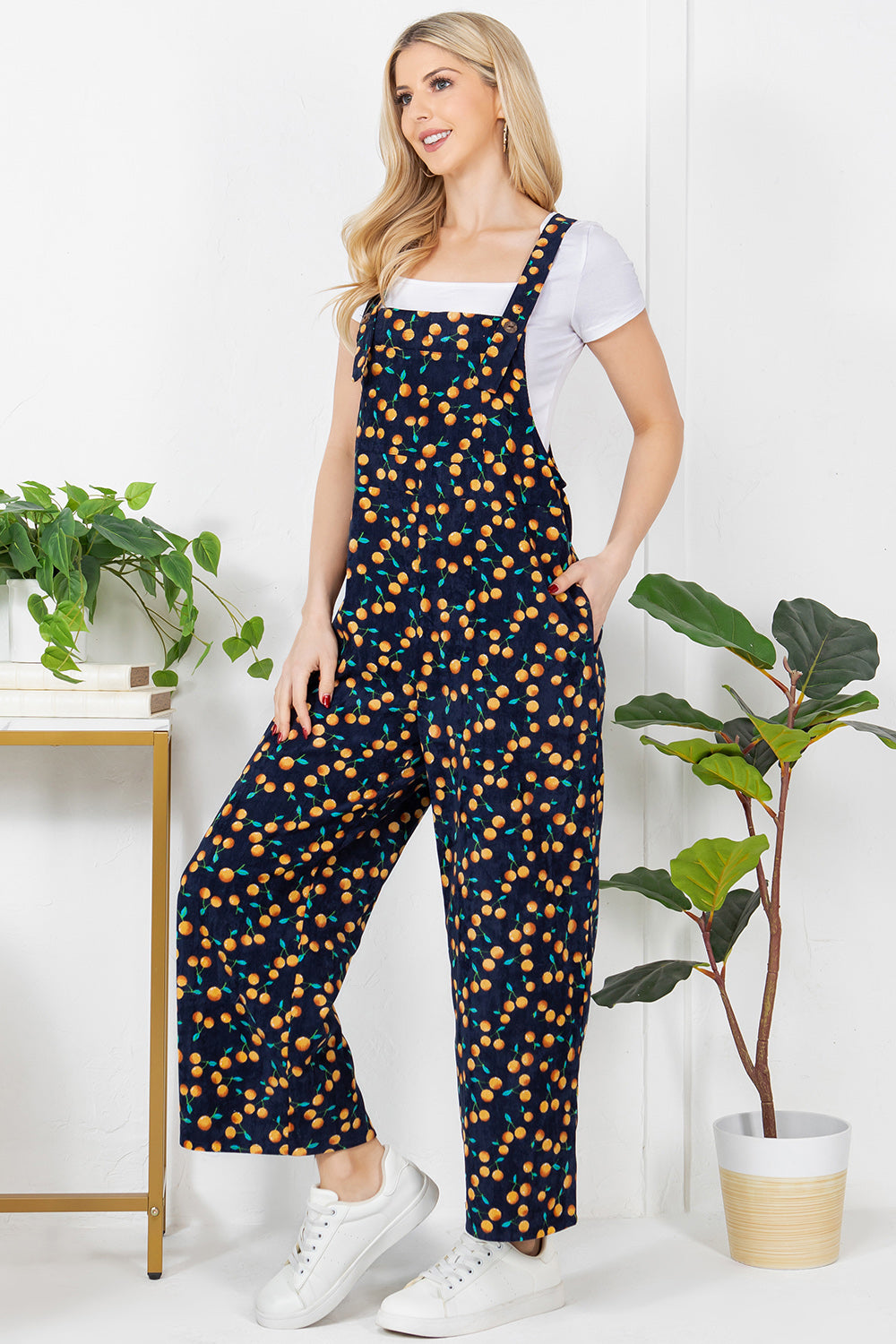 Allover Orange Print Corduroy Overall - Navy