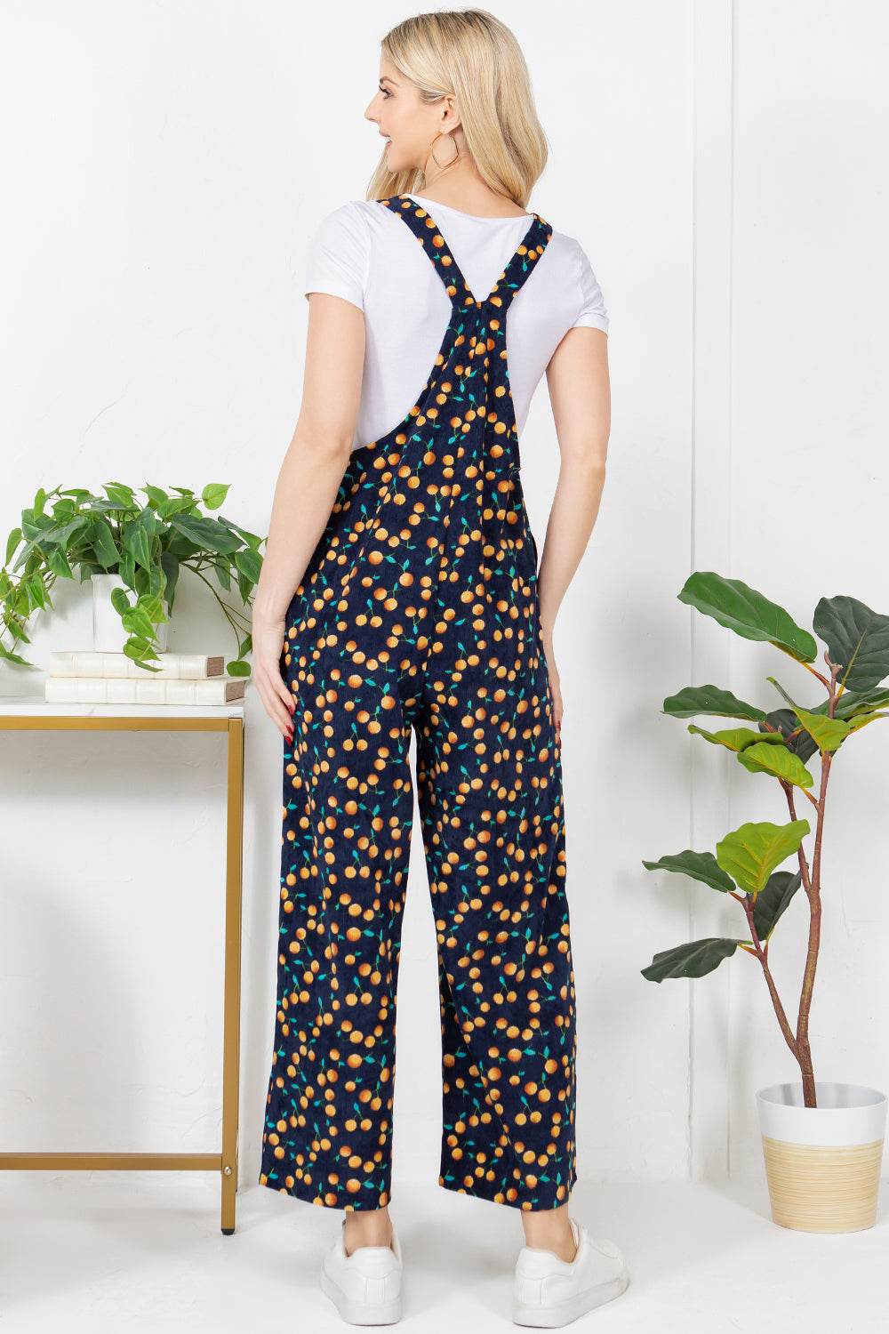 Allover Orange Print Corduroy Overall - Navy