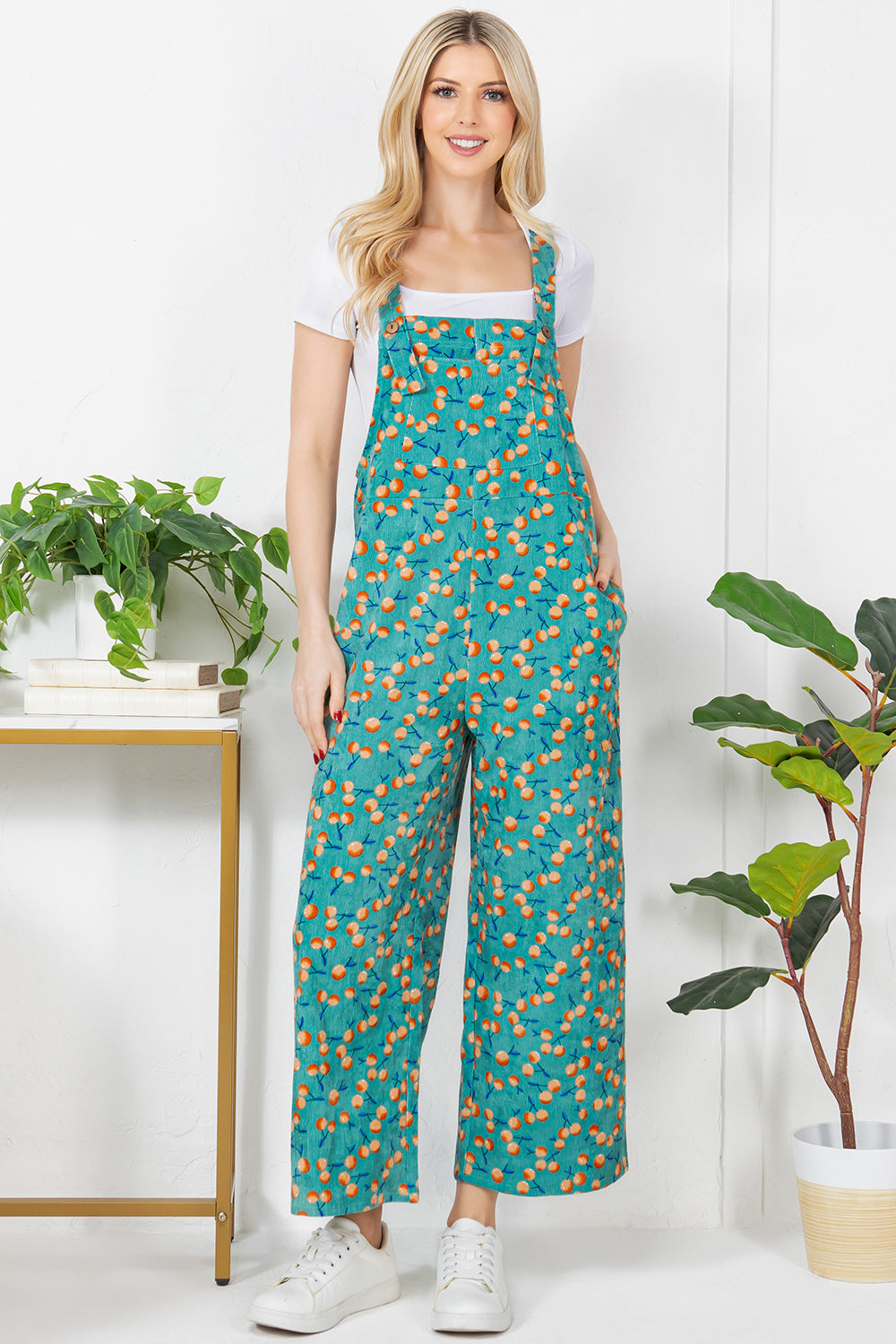 Allover Orange Print Corduroy Overall - Blue