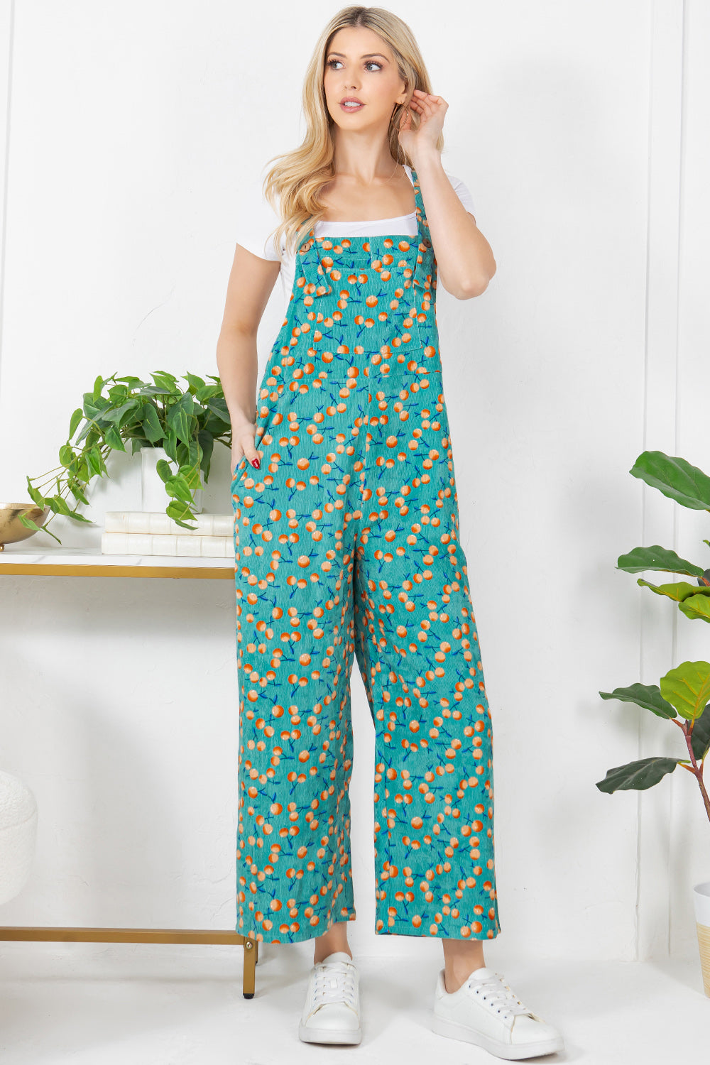 Allover Orange Print Corduroy Overall - Blue