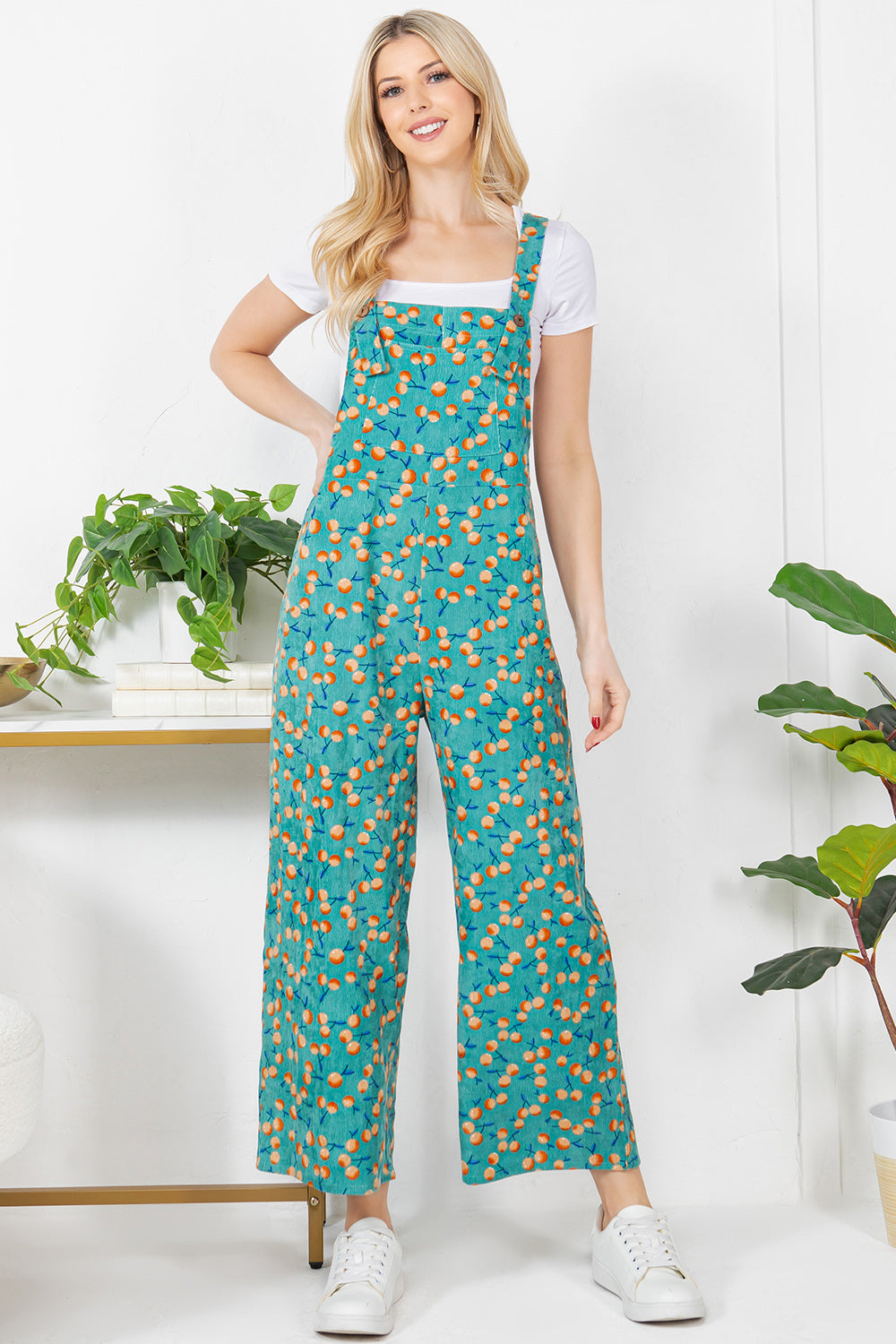 Allover Orange Print Corduroy Overall - Blue