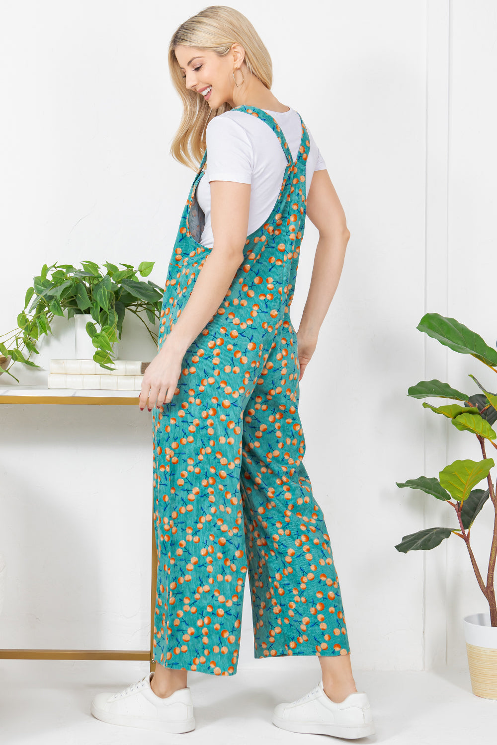 Allover Orange Print Corduroy Overall - Blue
