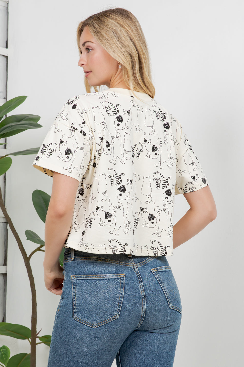 Dancing Cat Print Cotton Crop Top