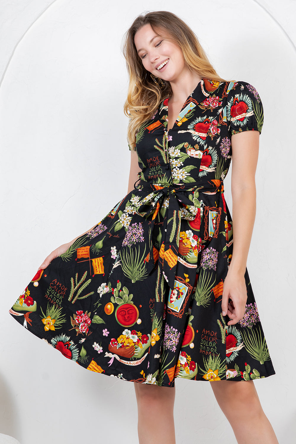 FRIDA PRINT COTTON DRESS - BLACK