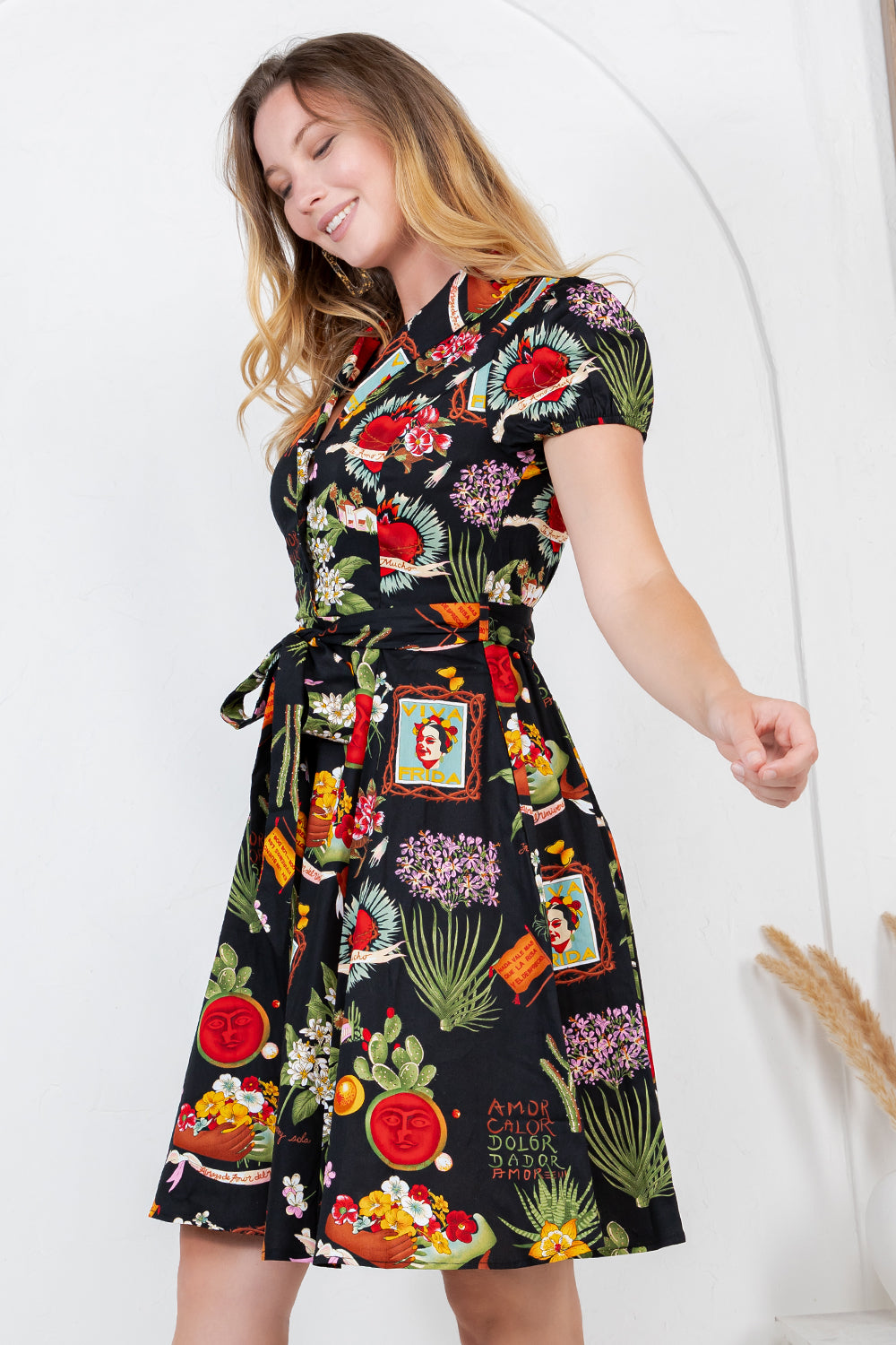 FRIDA PRINT COTTON DRESS - BLACK