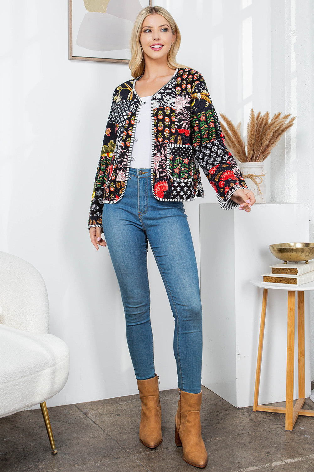 Quilted Patch Cotton Jacket - Black