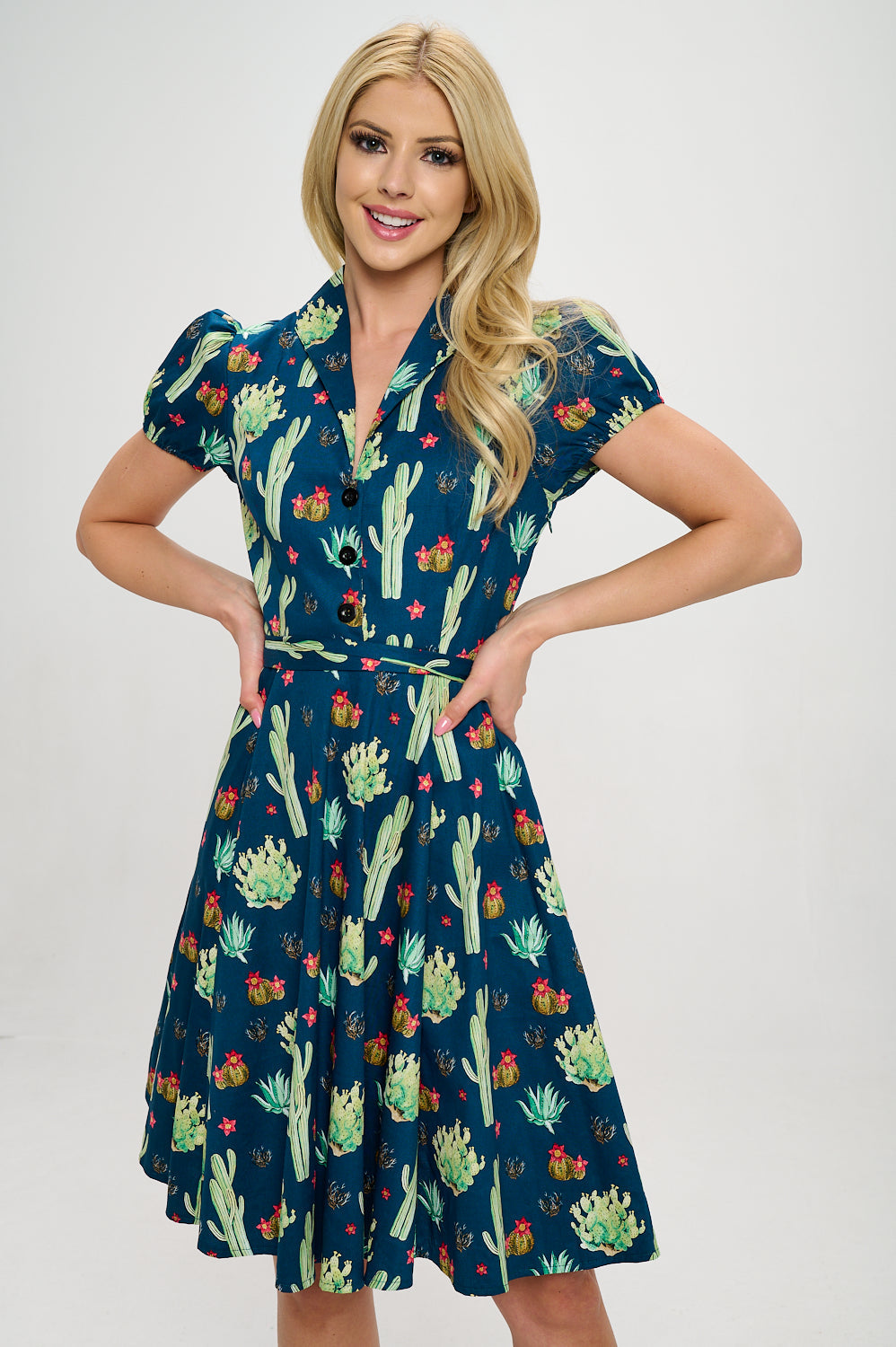 Retro Cactus Fit and Flare Dress - Plus Size