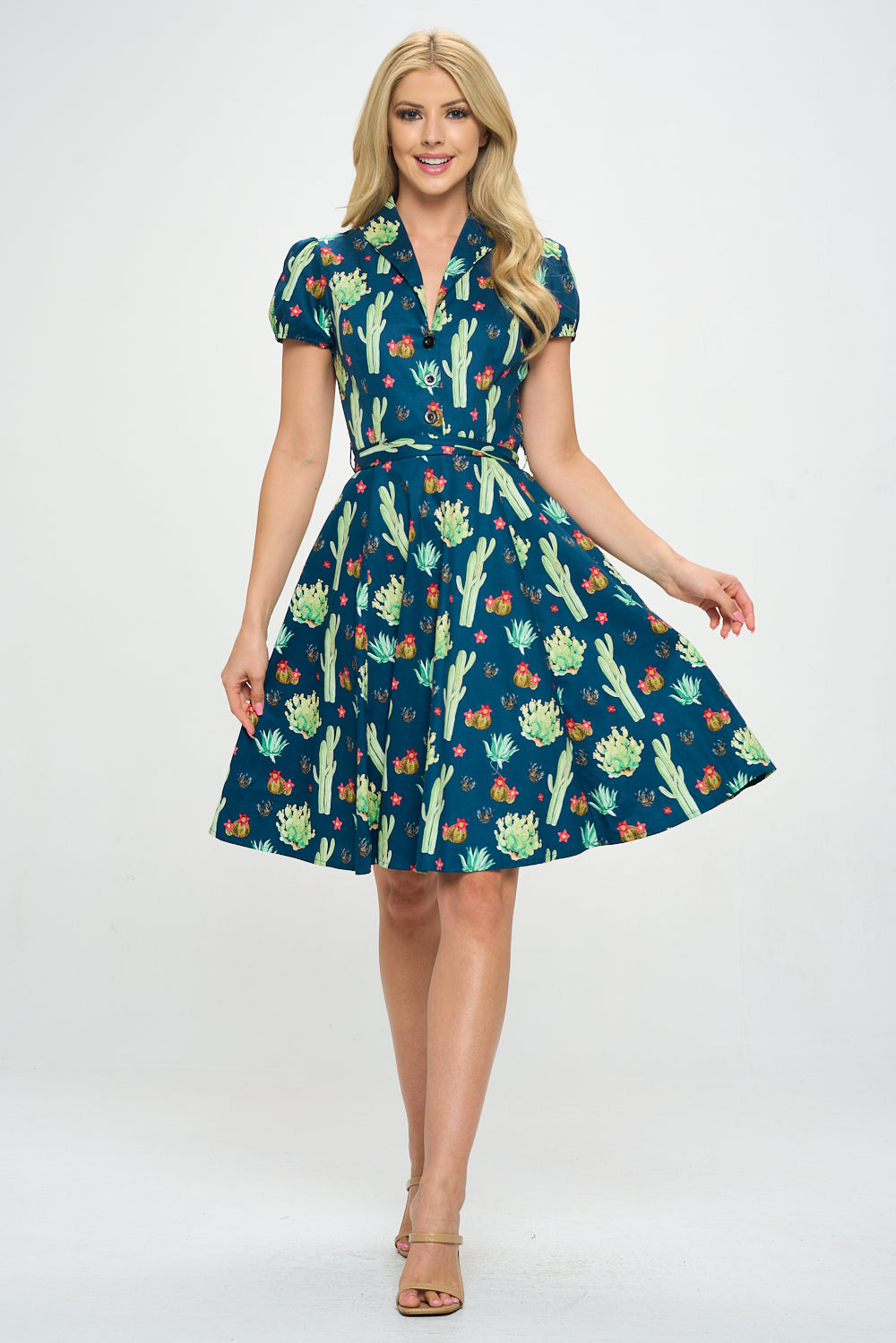 Retro Cactus Fit and Flare Dress - Plus Size