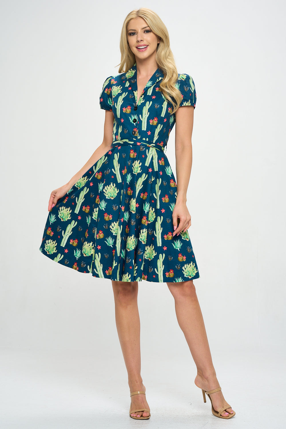 Retro Cactus Fit and Flare Dress - Plus Size