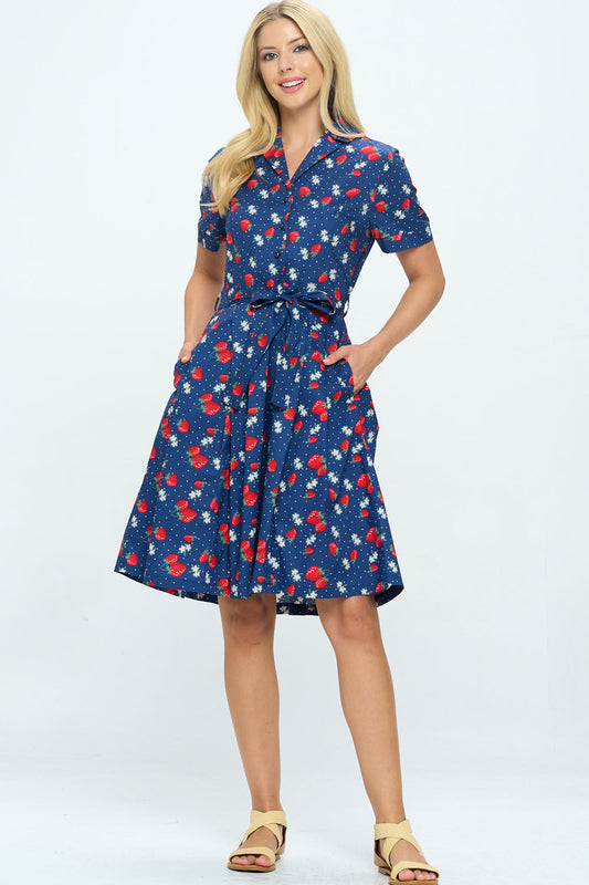 Strawberry Print Fit and Flare Dress