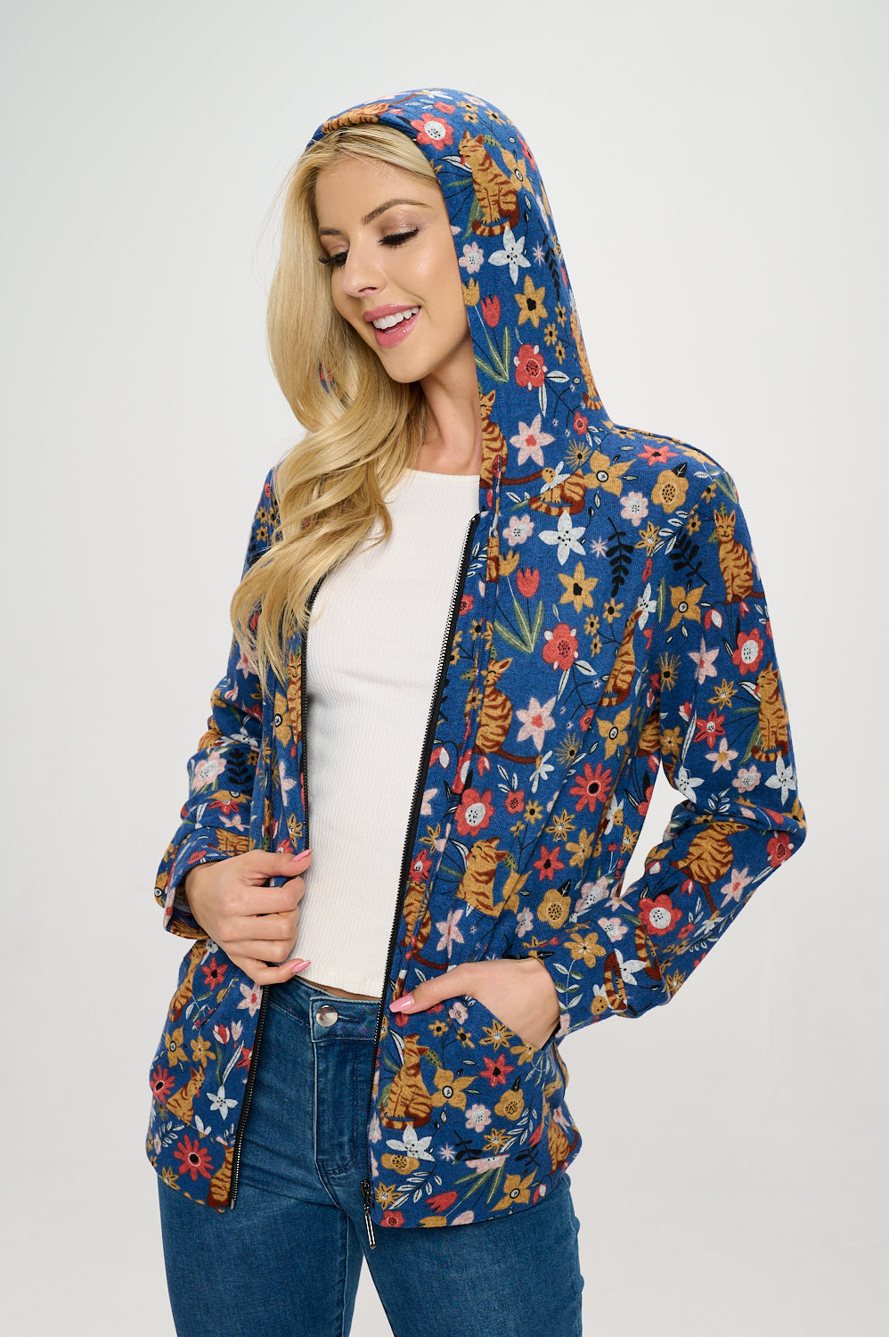 Floral Cat Zipper Hoodie