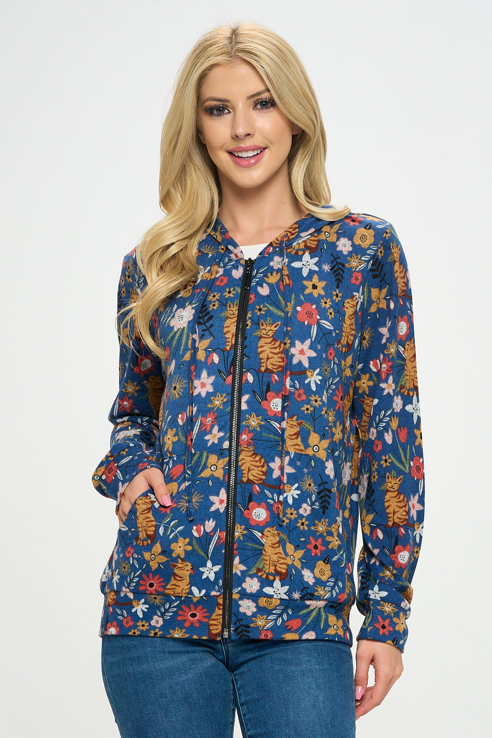 Floral Cat Zipper Hoodie