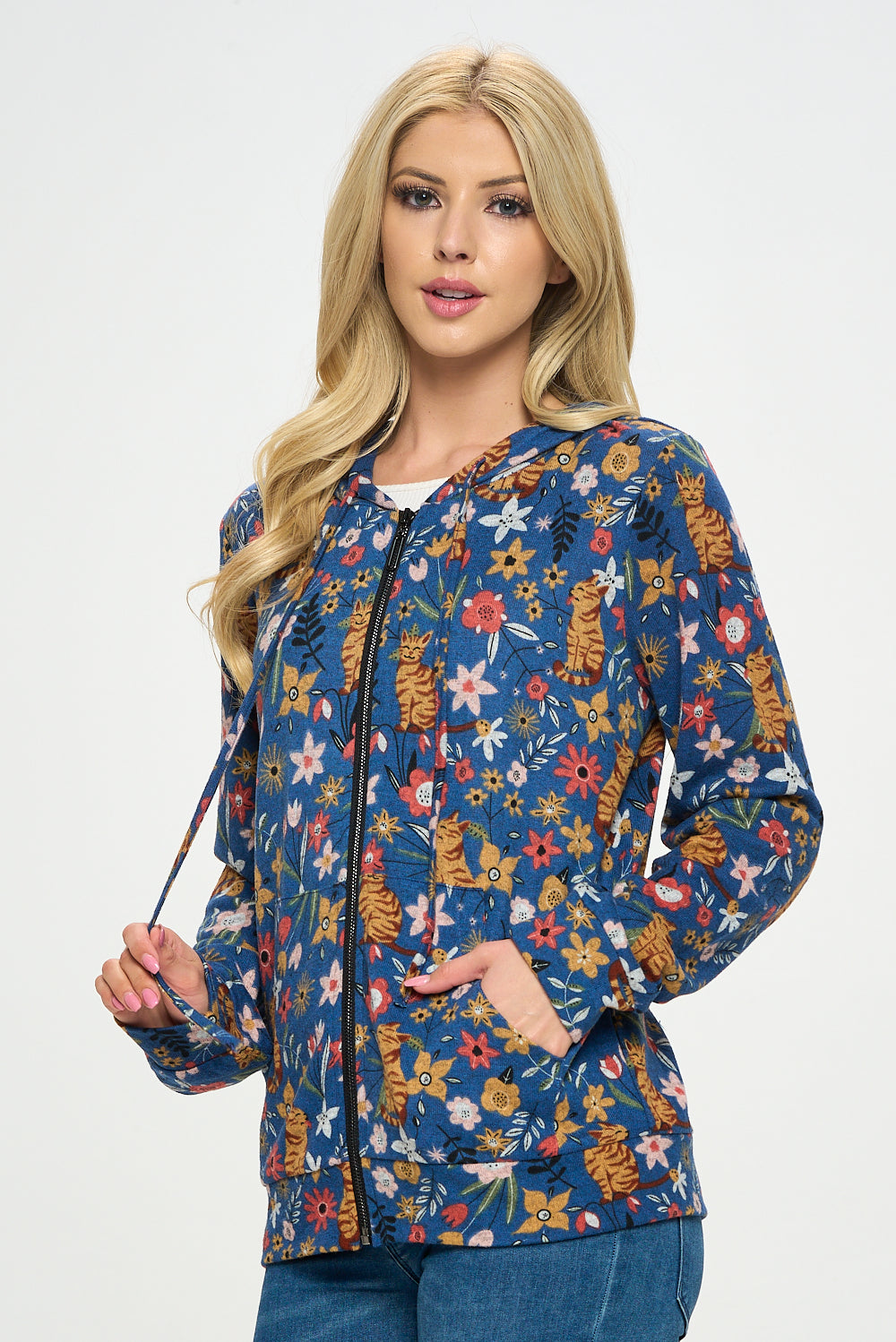 Floral Cat Zipper Hoodie