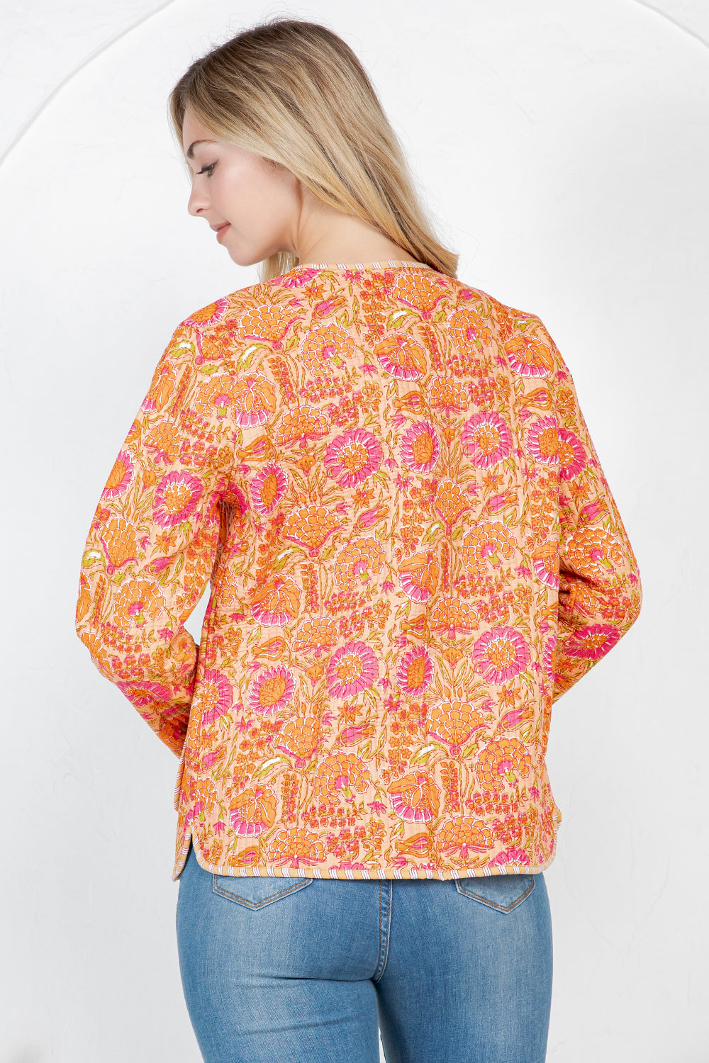 Floral Print Quilted Cotton Jacket - Orange