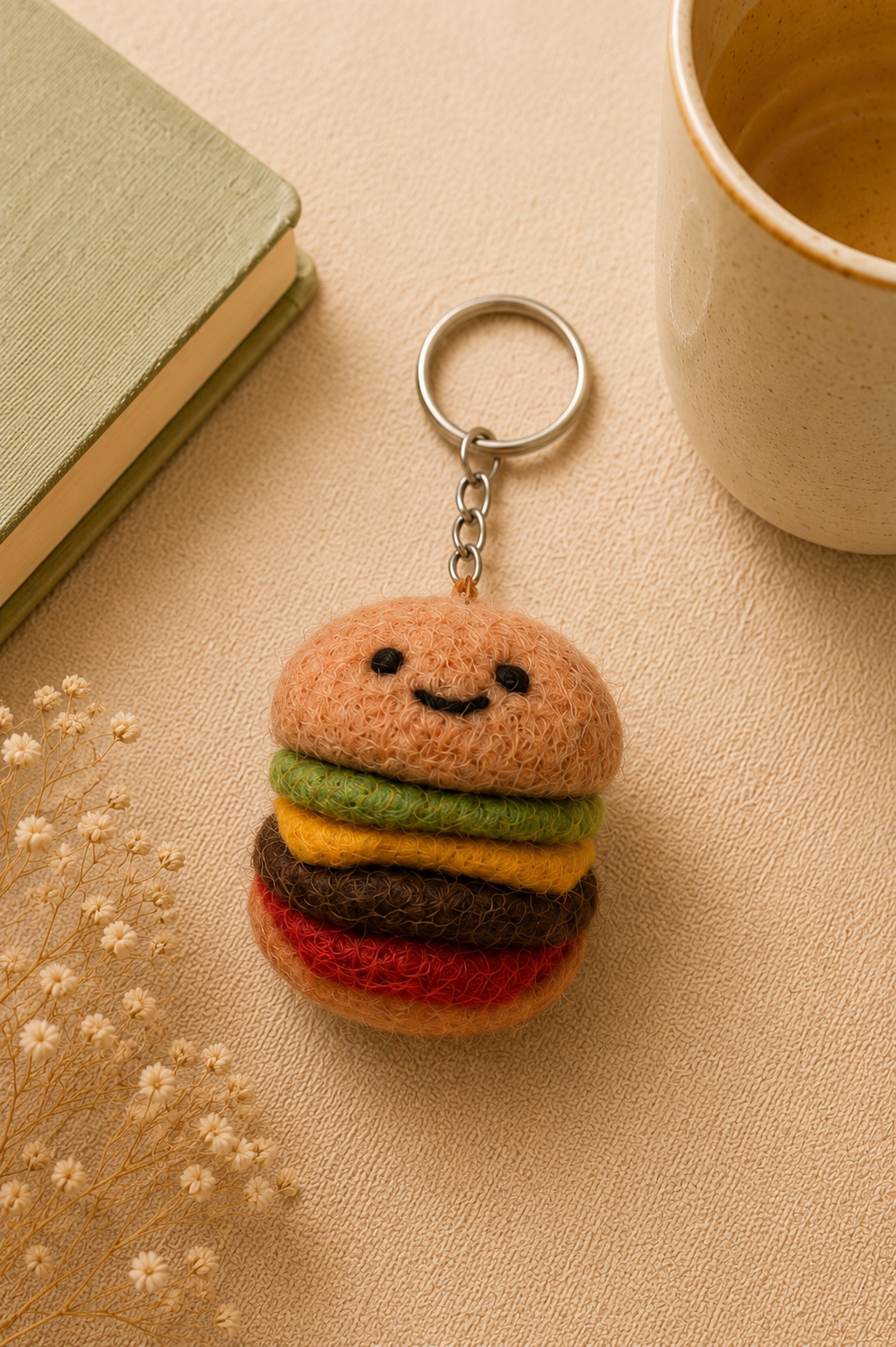 Nepalese Handmade Felt Keychain | Eco-Friendly Wool Accents - Burger