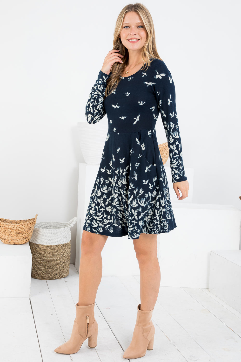 Bird Print Winter Tunic Dress