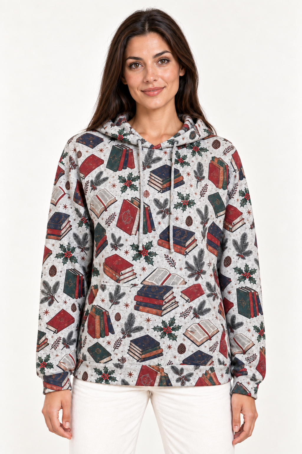 Vintage Books & Pine Print Pullover Hoodie