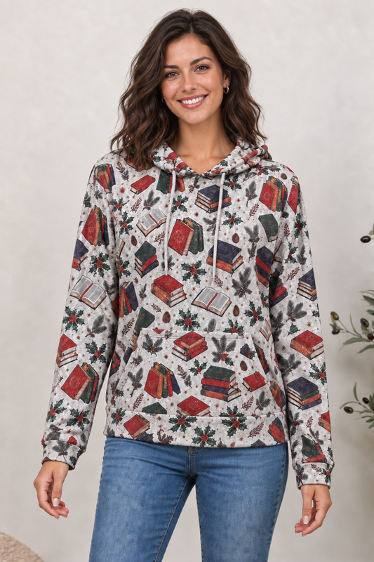 Vintage Books & Pine Print Pullover Hoodie