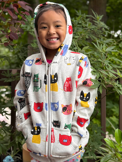 Colorful Cat Fleece Zipper Hoodie - Kids