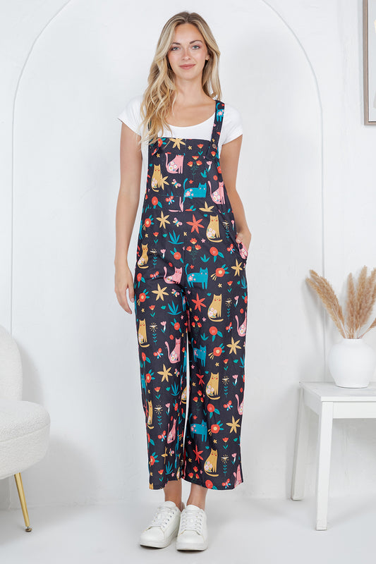 Floral Cats Wide Leg Overall