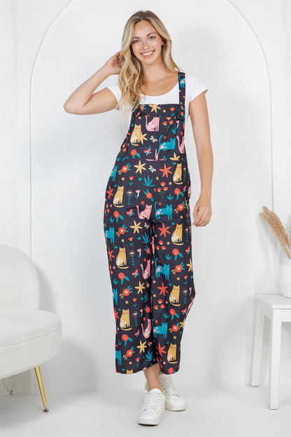 Floral Cats Wide Leg Overall