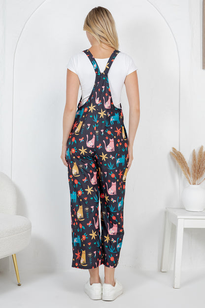 Floral Cats Wide Leg Overall