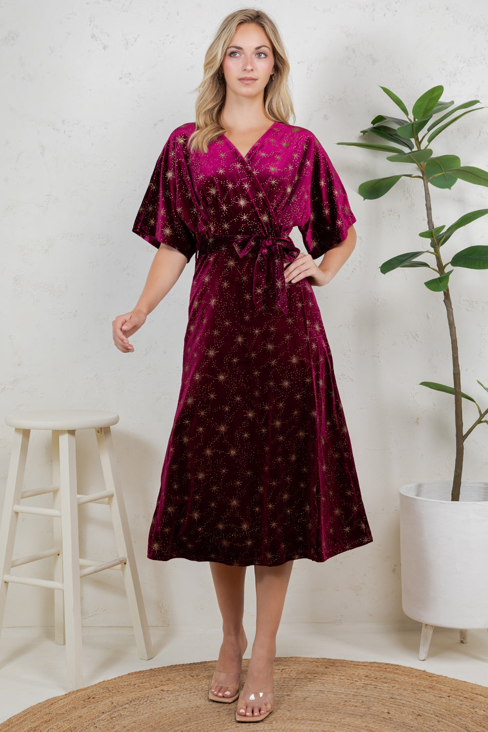 GOLDEN MOON STAR VELVET WRAP MIDI DRESS - BURGUNDY