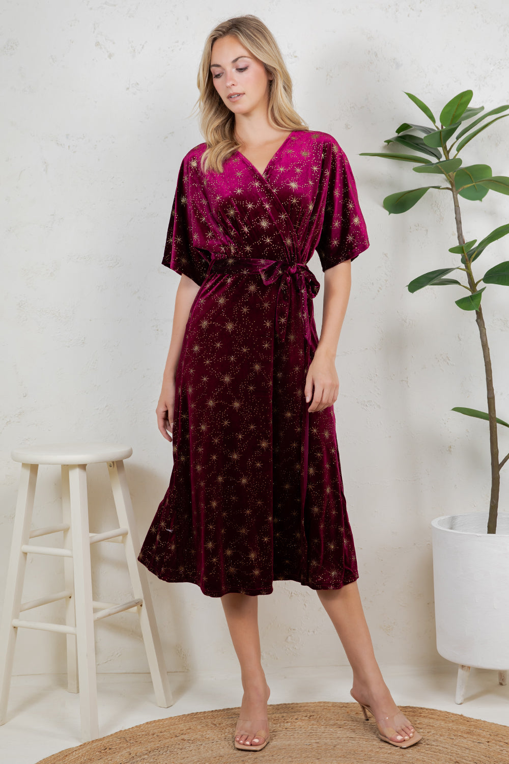 GOLDEN MOON STAR VELVET WRAP MIDI DRESS - BURGUNDY