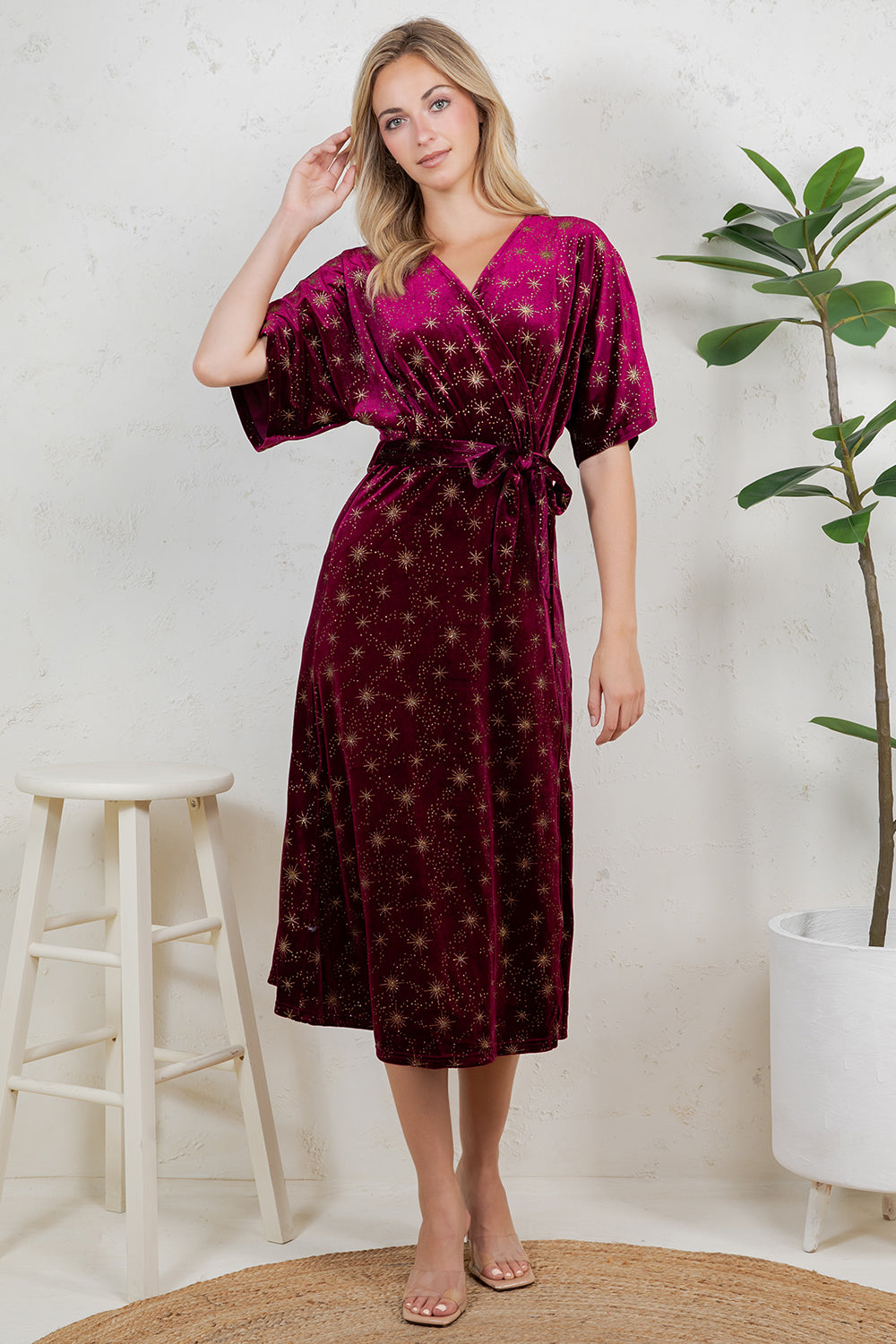 GOLDEN MOON STAR VELVET WRAP MIDI DRESS - BURGUNDY