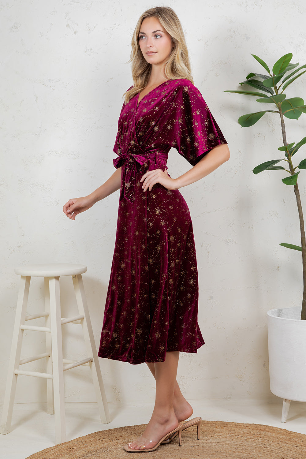 GOLDEN MOON STAR VELVET WRAP MIDI DRESS - BURGUNDY