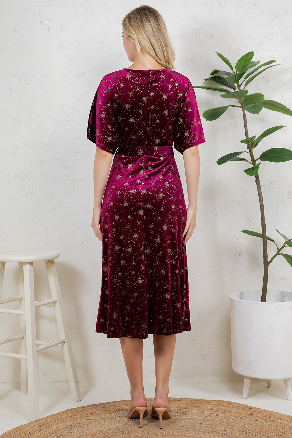 GOLDEN MOON STAR VELVET WRAP MIDI DRESS - BURGUNDY