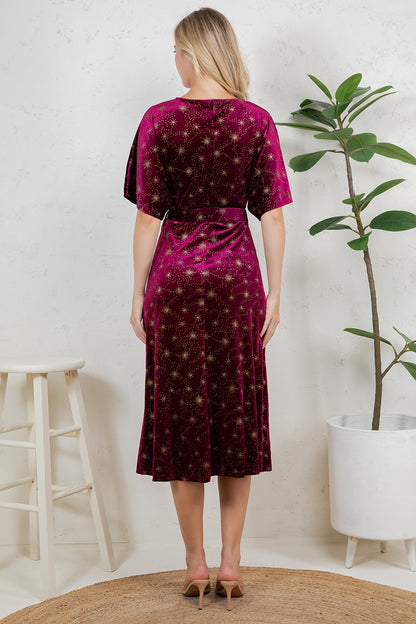 GOLDEN MOON STAR VELVET WRAP MIDI DRESS - BURGUNDY