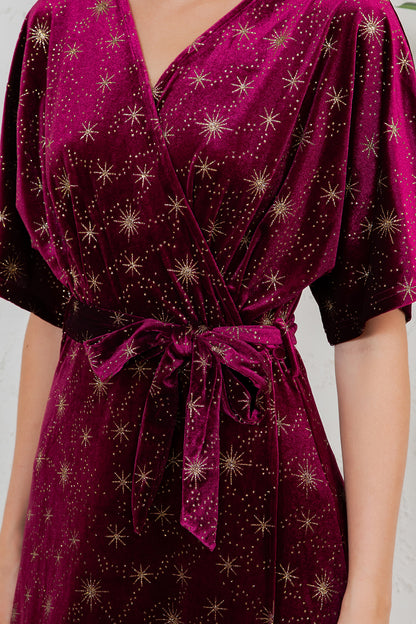 GOLDEN MOON STAR VELVET WRAP MIDI DRESS - BURGUNDY