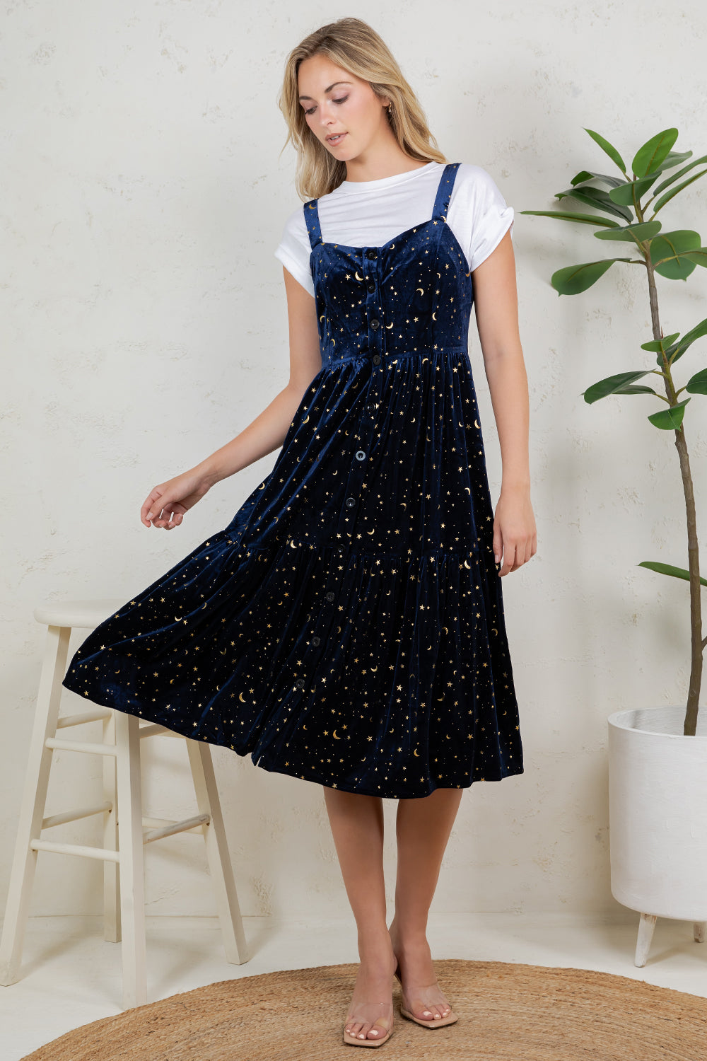 GOLDEN MOON STAR VELVET SMOCKED CAMI DRESS- NAVY