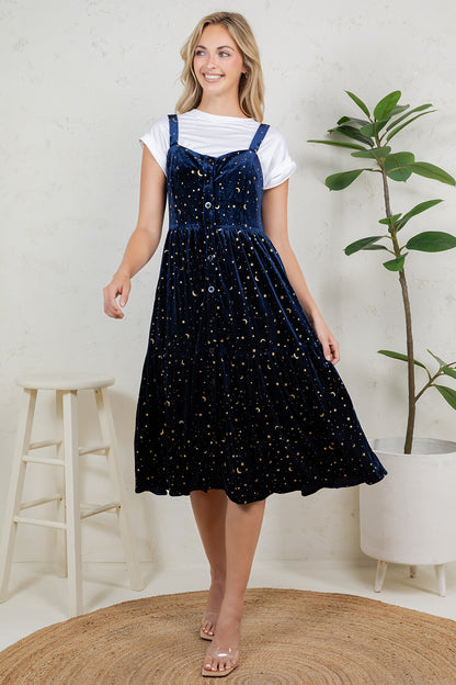 GOLDEN MOON STAR VELVET SMOCKED CAMI DRESS- NAVY