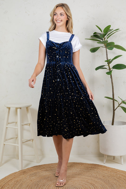 GOLDEN MOON STAR VELVET SMOCKED CAMI DRESS- NAVY