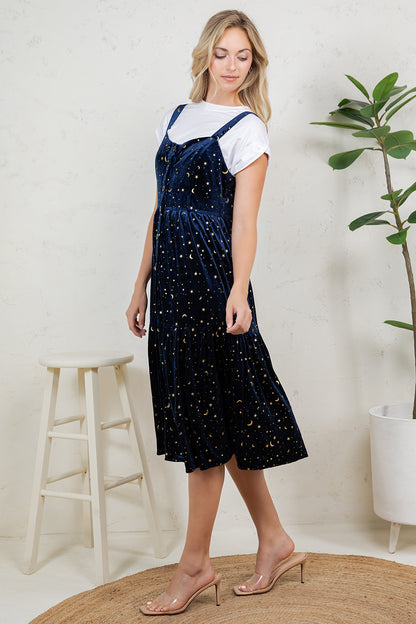 GOLDEN MOON STAR VELVET SMOCKED CAMI DRESS- NAVY