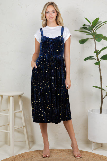 GOLDEN MOON STAR VELVET SMOCKED CAMI DRESS- NAVY