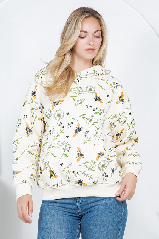 Bee Floral Pullover Fleece Hoodie
