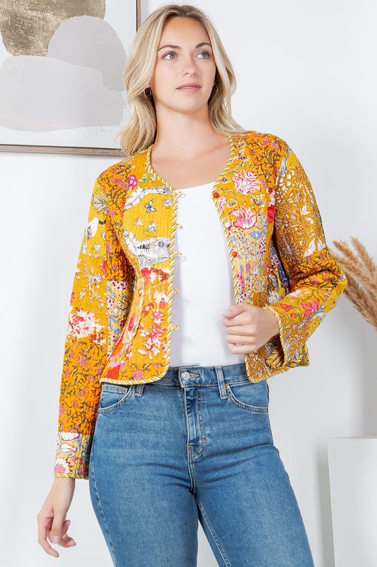 Quilted Patch Cotton Jacket - Mustard